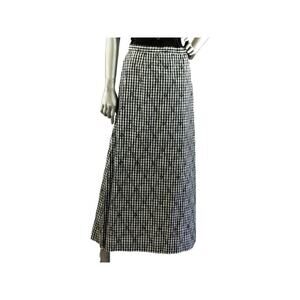Vintage 1970s Black White Gingham Skirt with Black Flocked Flowers Medium